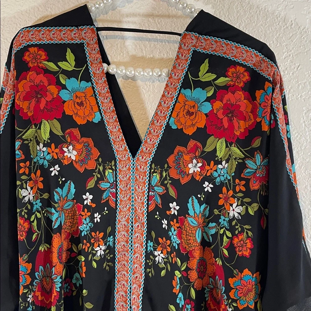 Rose + Olive Floral Oversized Blouse Top Colorful Dolman Sleeve Boho Size Small - Picture 5 of 8